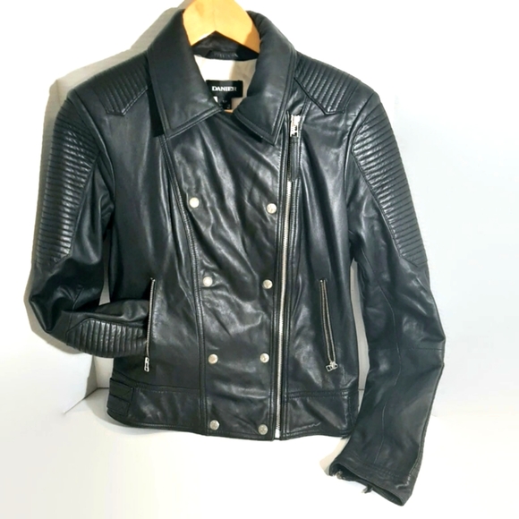 HOT TREND!! Barely worn DANIER BIKER/MILITARY LEATHER JACKET Black Size S - Picture 2 of 16